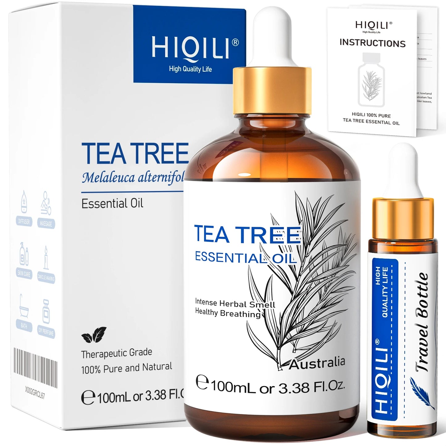 HIQILI Essential Oil Rose Geranium Lavanda Citronela Tea Tree vanille Body Oil Face Skin Care Massage 100ML/3.38fl.oz