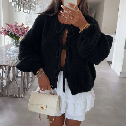 Bow Tie Front Cardigan for Women Long Sleeve Knitted Jacket Sweater Autumn Winter Knitwear Teen-girl Y2K Cute Outfit