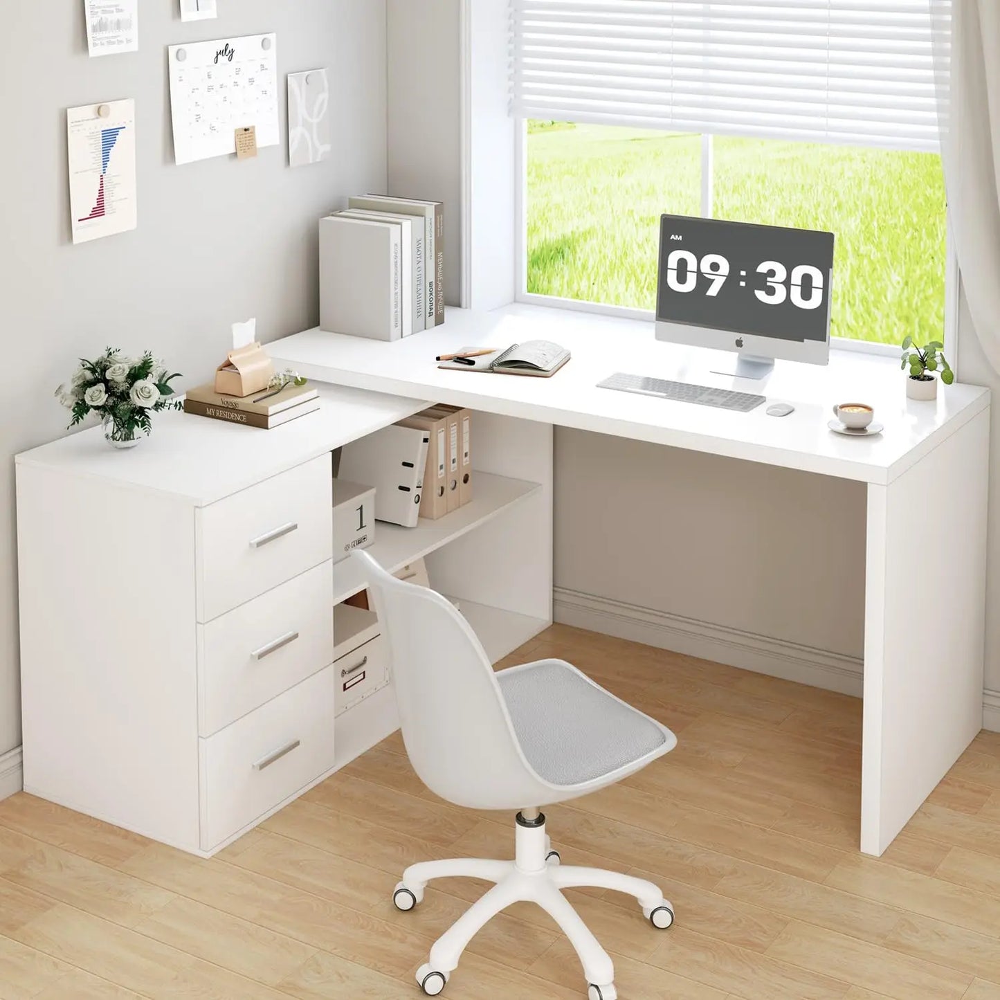 Black L Shaped Computer Desk with Drawers, L Shaped Home Office Desk with Storage Cabinet Shelves, Reversible, Customized