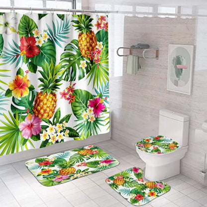 Banana Leaf Shower Curtain Set Non-Slip Rug Bathroom Accessories Tropical Palm Plant    Botanical Floral Green