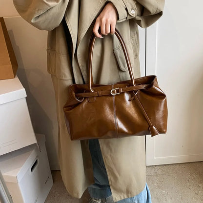 Women's Vintage Glossy Oil Wax Leather Tote Bag Buckle Casual Shoulder Handbag Elegant Work Bag for Daily Commute Top-handle Sac