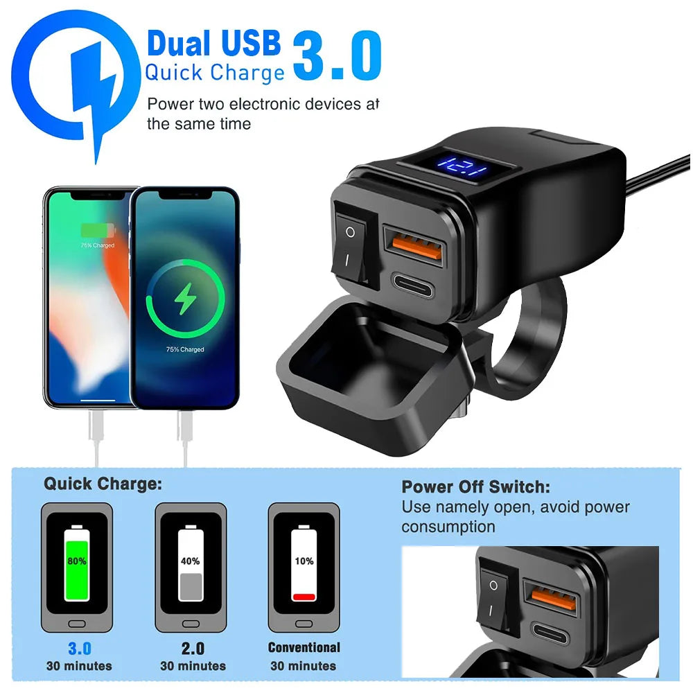 60W Motorcycle USB Fast Charger PD QC3.0 Power Supply Adapter Handlebar Dual USB Socket Waterproof with Switch Voltmeter