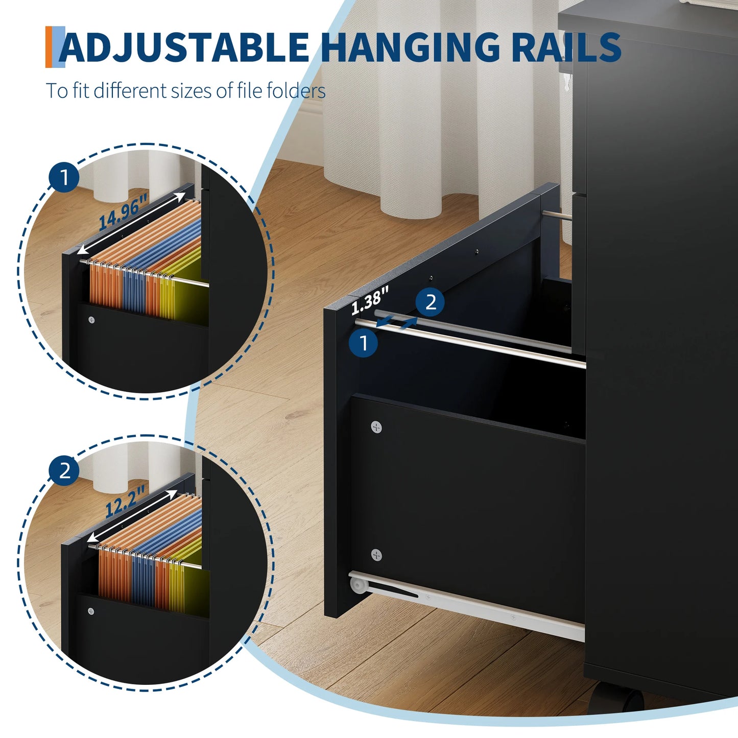 3 Drawer Rolling File Cabinet with Lock & Casters, Wooden Mobile Storage Organizer Printer Stand, Fits A4/Letter for Home Office