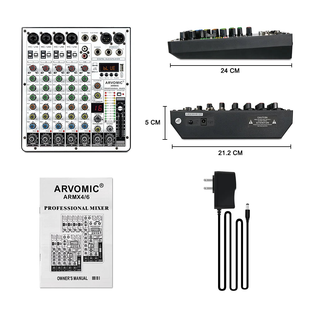 6-Channel Audio Mixer, DJ Mixer with USB Audio Interface, Bluetooth Function, 16 DSP Effects, and 3-Band EQ (ARMX-6)