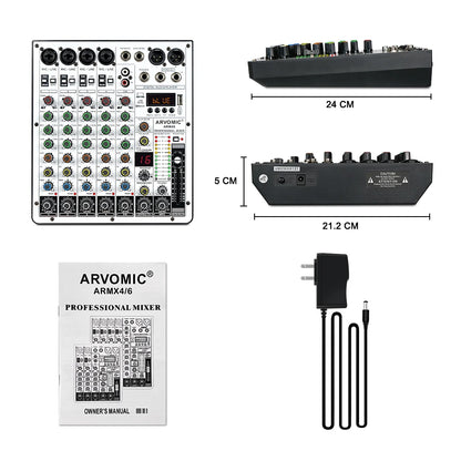 6-Channel Audio Mixer, DJ Mixer with USB Audio Interface, Bluetooth Function, 16 DSP Effects, and 3-Band EQ (ARMX-6)