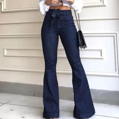Women Jeans Denim Flare Pants Solid Color High Waist Zipper Fly Flat Pockets Streetwear Slim Patchwork Button Slight Strech Belt