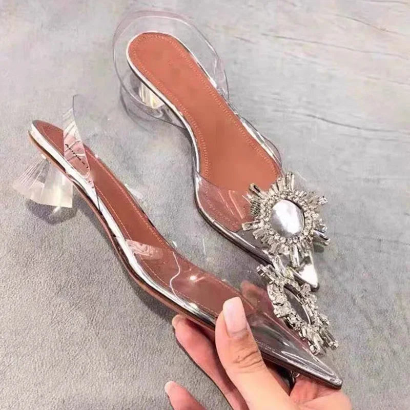 Brand Women Pumps Luxury Crystal Slingback High Heels Summer Bride Shoes Comfortable Triangle Heeled Party Wedding Shoes