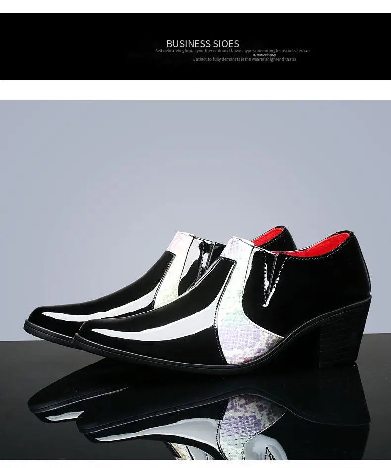 Black Pu Leather Business Dress High Heel Men's Shoes Pointed Toe Slip-on Elegant Party Wedding Shoes Thick Bottom Plus Size