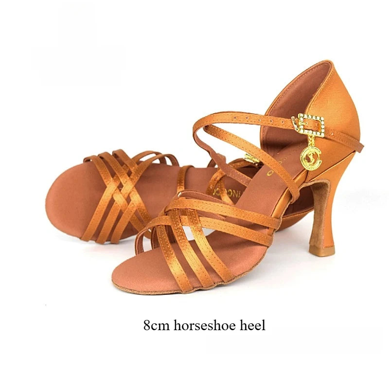 SW Latin Dance Premium Elegant Professional Women's Medium High Heel Soft Sole Ballroom Competition Dance Shoes for Practice