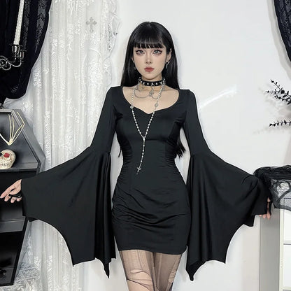 Goth Dark Cospaly Partywear Women Fashion Batwing Sleeve Mini Dress Elegant Slim Pleat Bodycon Dresses Mall Gothic Alt Teachwear