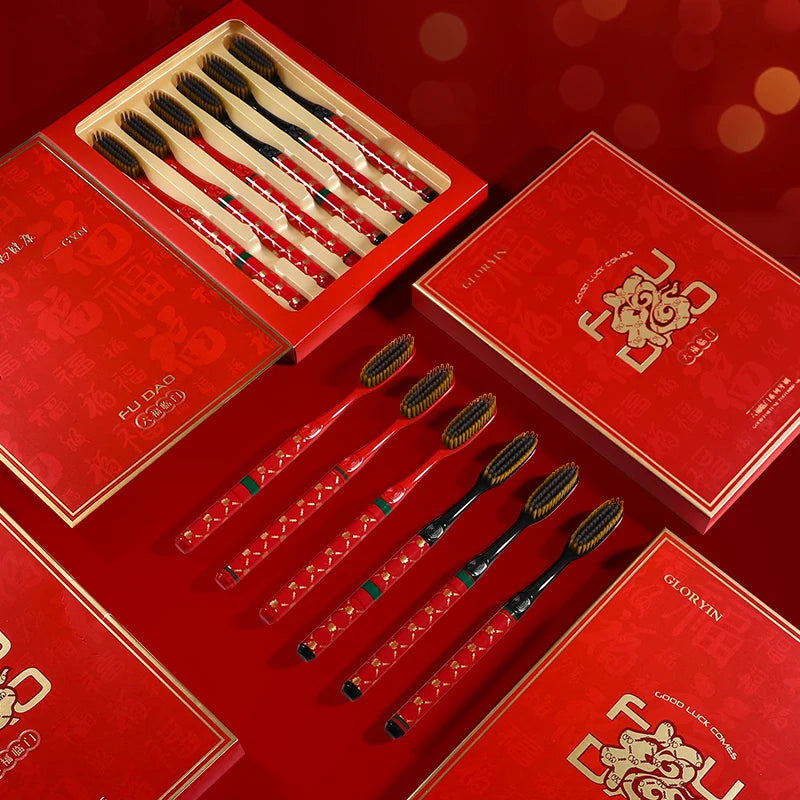 GYN [6-Pcs Gift Box] New Year's Blessing Gift Box Extended Brush Head Efficient Cleaning Lucky and Joyful Soft Hair Toothbrush
