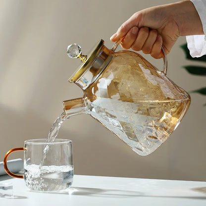 Glass Tea Kettle With Bamboo Lid And Removable Filter Spout Champagne Teapot For Loose Leaf Blooming Tea And Fruit Tea 1/1.8L