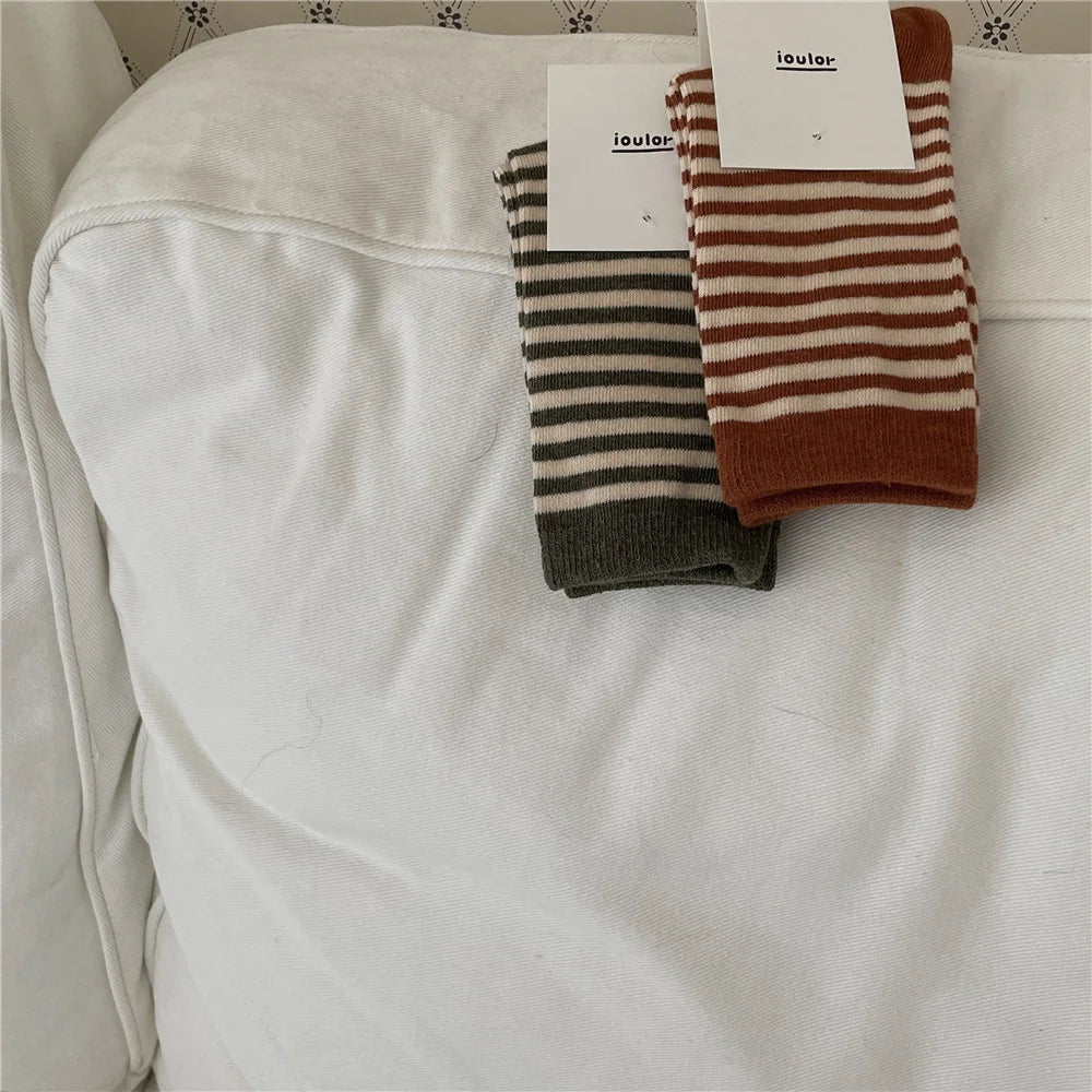 Korean Simple Colored Striped Cotton Socks Women’s Autumn Winter Breathable Middle Tube Socks College Style Trendy Casual Socks