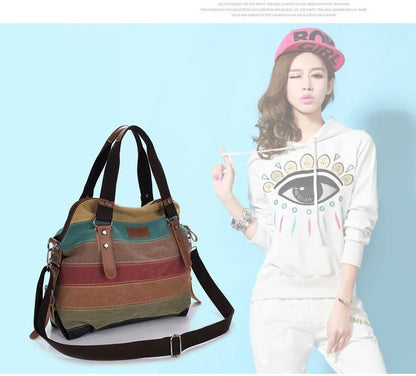Canvas Totes Striped Womens Handbag 2021 Patchwork Rainbow Shoulder Bag Fashion Female Casual Crossbody Bag Sac A Main