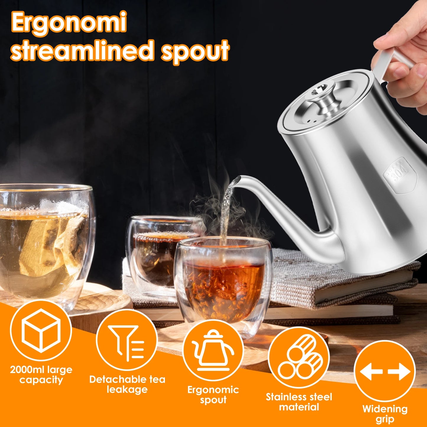 2L Stainless Steel Teapot With Removable Infuser Large Capacity Thickened Kettle Tea Set Gas Induction Home Camping