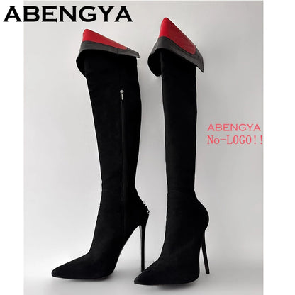 2025 Autumn Winter Fashion Pointy Toe Thin High Heels Long Boots Women Suede Leather Knee-High Boot Sexy Slim Knight Botas Mujer