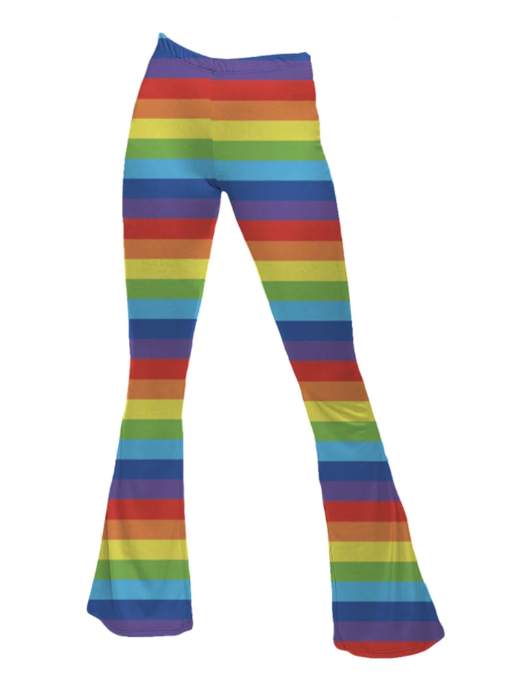 Funky 70s Retro Vertical Stripe Printed Flare Pants in Red Yellow Blue Rainbow High Waisted Wide Leg Groovy for Women Yoga Wear