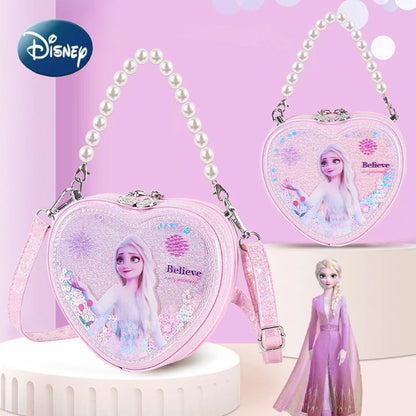 Disney Elsa Shoulder Bag Shiny Quicksand Pearl Handbag Heart-shaped Crossbody Bag For Girls Gifts