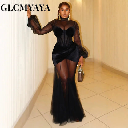 GLCMYAYA Mesh See Through Women Full Sleeve Velvet Bodycon Long Dress 2025 Fall Birthday Party Evening Prom Maxi Mermaid Dresses