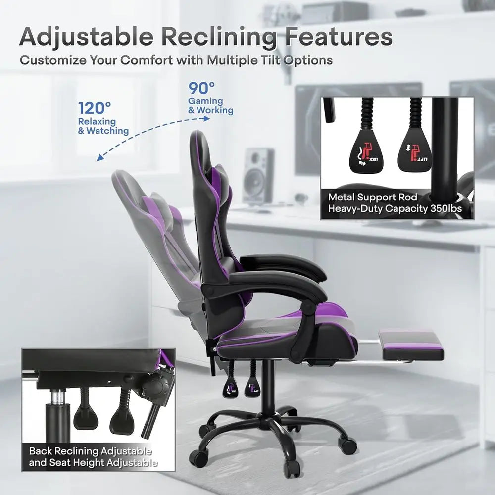 Purple Ergonomic Gaming Chair with Adjustable Height, Footrest, Headrest, and Lumbar Support for Kids and Adults