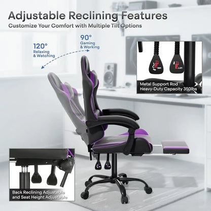 Purple Ergonomic Gaming Chair with Adjustable Height, Footrest, Headrest, and Lumbar Support for Kids and Adults