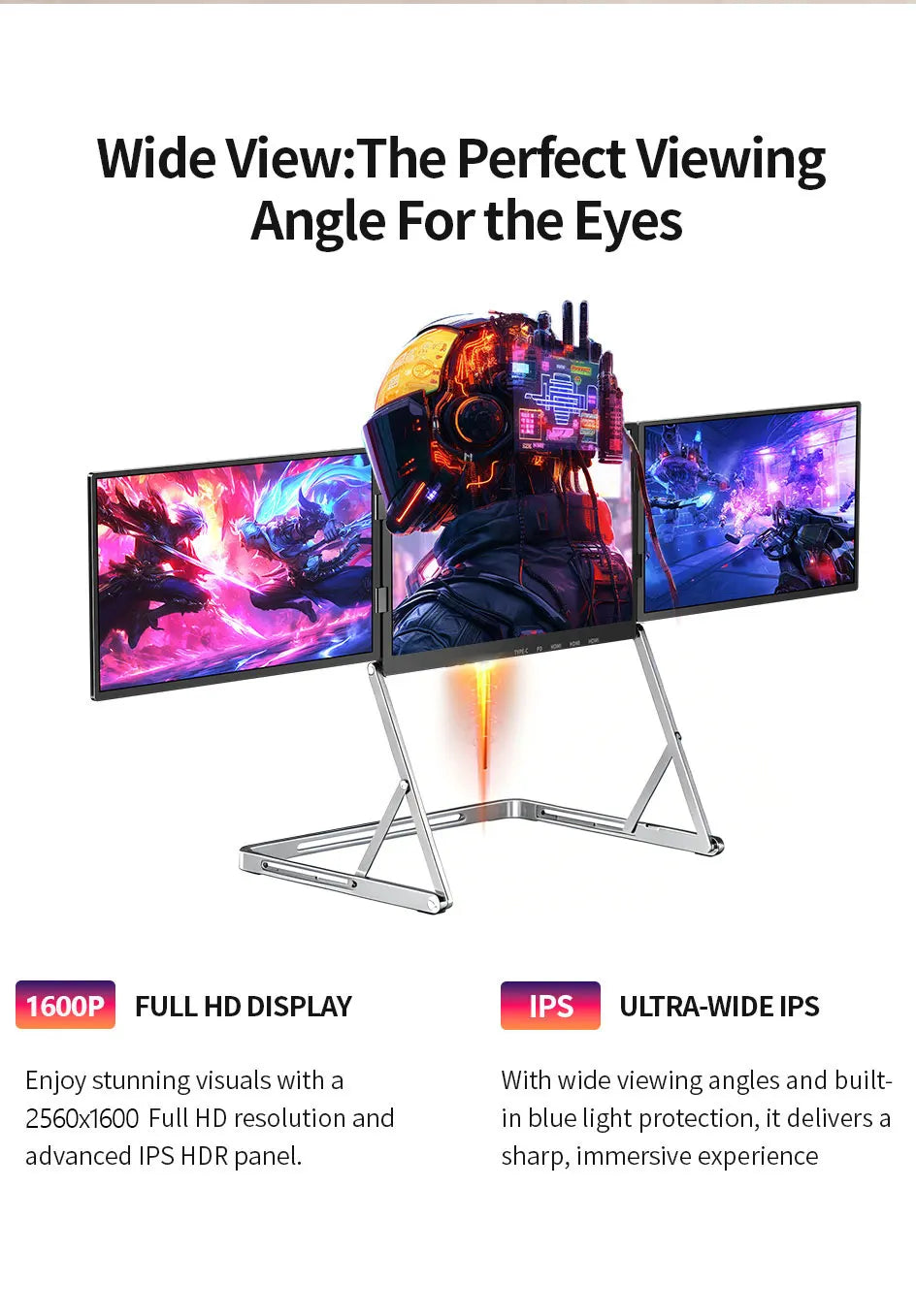 Sibolan 16 inch 2.5K Three Screen Portable Monitor 60Hz 100% sRGB Metal Body HDMI USB-C Laptop Display Extender For Wins mac OS
