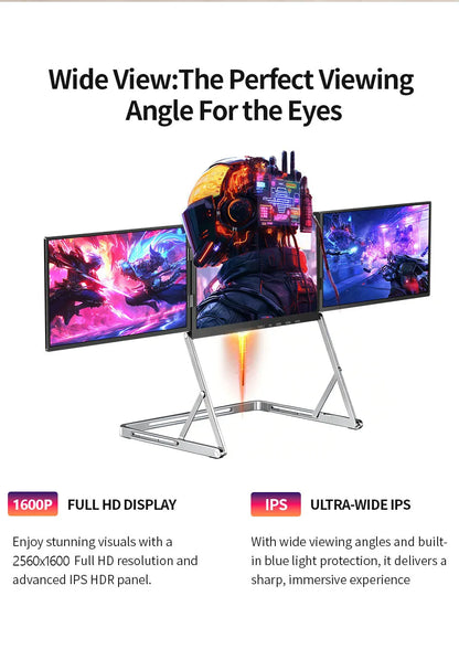 Sibolan 16 inch 2.5K Three Screen Portable Monitor 60Hz 100% sRGB Metal Body HDMI USB-C Laptop Display Extender For Wins mac OS