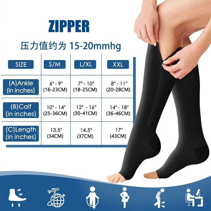 Zipper Compression Socks for Men with Varicose Veins Medical Diabetes Sports Socks for Running Cycling Women's Long Stockings