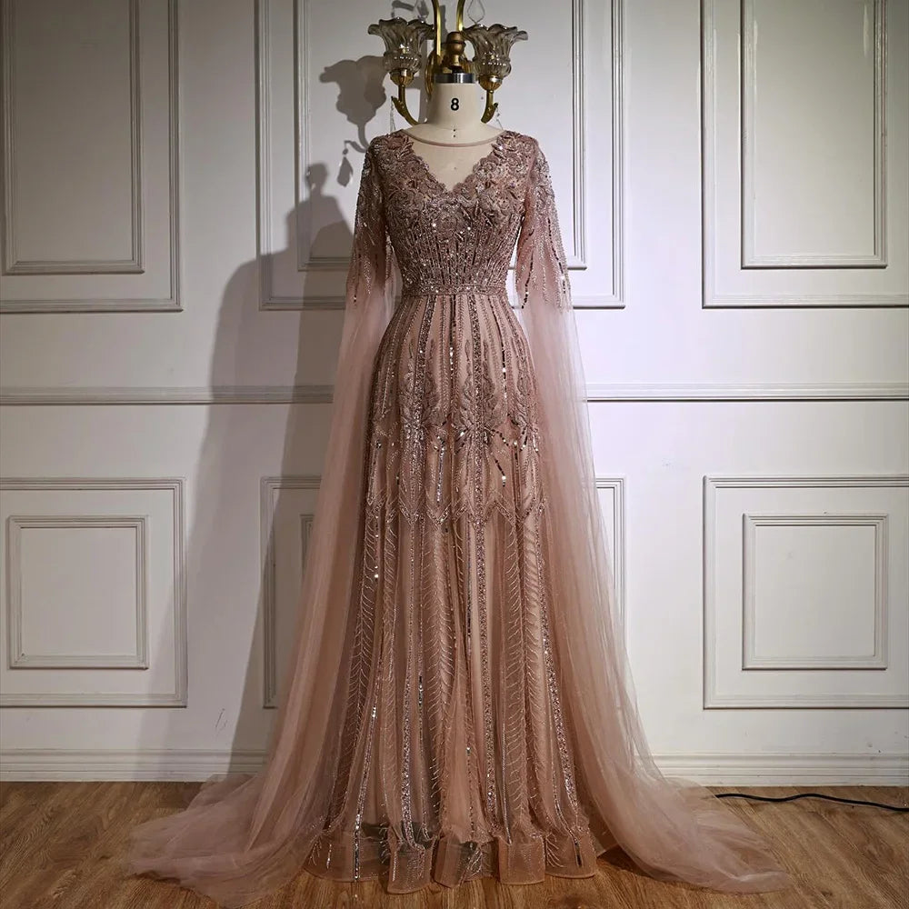 Luxury Elegant Rose Gold Beaded A Line Evening Dress with Cape Sleeves for Formal Party Serene Hill 2026 Customized CLA73056