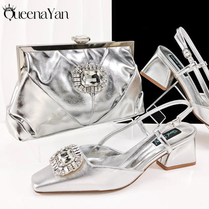 Queena Yan 2025 Nigerian Banquet Shoes and Bag Set Fashion Ladies Matching Shoes and Bag High Heels Wedding Party Coffee Color