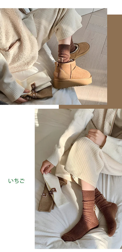 2 Pairs Cashmere Socks Winter Women Warm Wool Thickened Mid-Tube Trendy Heel Furry Label Letter Solid Color Snow Boot Socks New