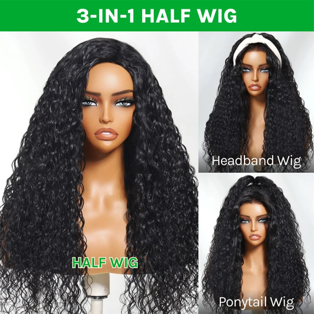 Water Wave Glueless Wigs Wear And Go 3 IN 1 Half Wigs Human Hair 200% Density Machine Made Clip-in Wigs With Drawstring Seamless