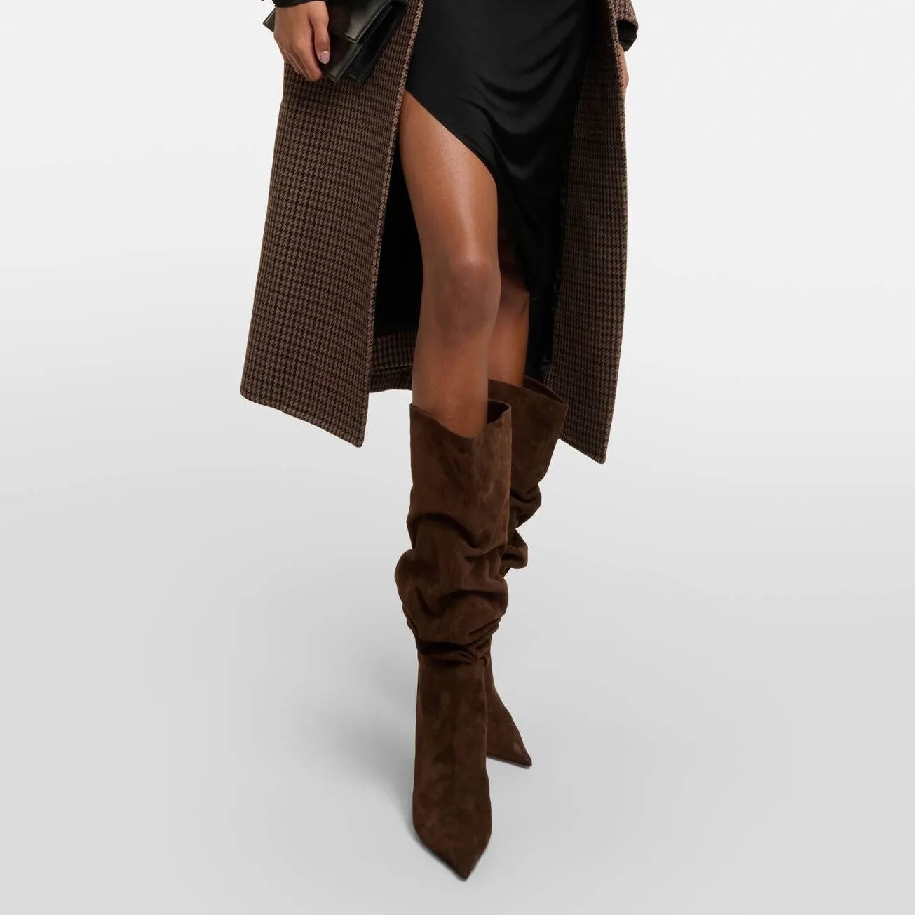 2025Women's Autumn and Winter New Pleated High-heeled Short Boots with Pointed Sleeves, Women's 35-47 Large Mid Length Boots