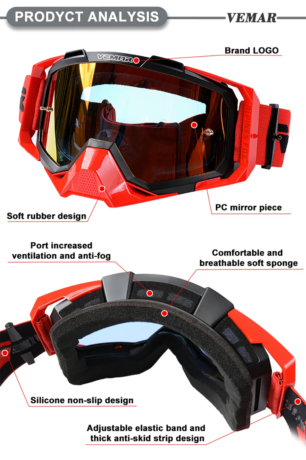 VEMAR Motorcycle Goggles Men Dustproof Motocross Helmet Glasses Skiing Gafas MTB ATV Dirt Bike Moto Sunglasses Outdoor Riding