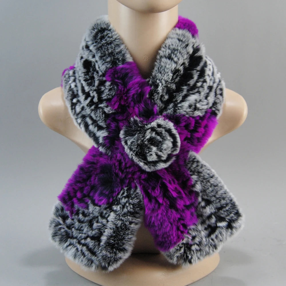 Hot Russian Women Knit Real Rex Rabbit Fur Scarf Lady Fashion Floral Rex Rabbit Fur Mufflers Hot Winter Warm Natural Fur Scarves