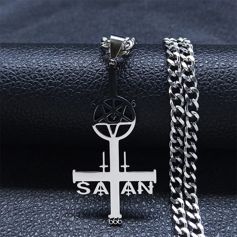 Goth Pentagram Sigil Satan Cross Necklace for Men Stainless Steel Black Y2k Gothic Star Lucifer Jewelry Halloween Gift N3002