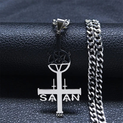 Goth Pentagram Sigil Satan Cross Necklace for Men Stainless Steel Black Y2k Gothic Star Lucifer Jewelry Halloween Gift N3002
