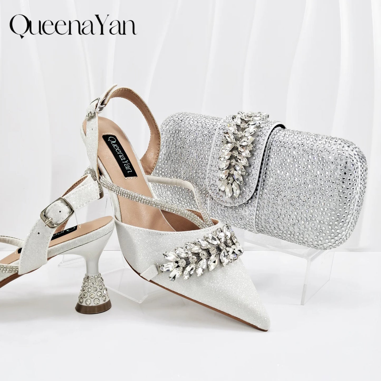 QueenaYan 2026 New Shiny Italian Fashion Pointed Toe Women Heel Fashion Rhinestone Decoration Pink Color Shoes And Bag Set