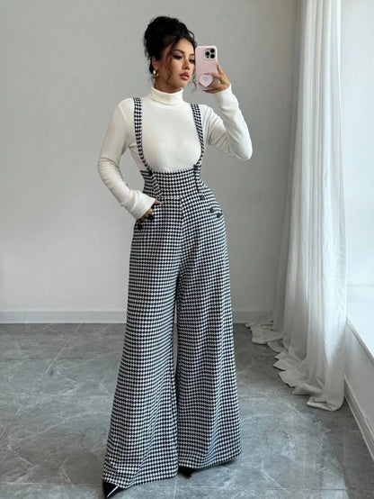 Overalls for Women's Winter Jumpsuit Black White Vintage Wide Leg Suspender Pants for Office Commute Casual Female Clothing