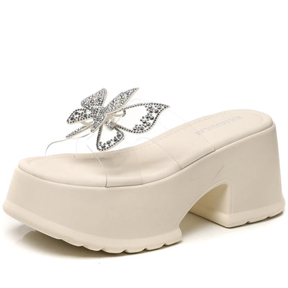 AUTUSPIN 9cm High Thick Heels Women Sandals Summer Sexy Fashion Slides Shoes Crystal Buttetfly PVC Transperant Ladies Shoes