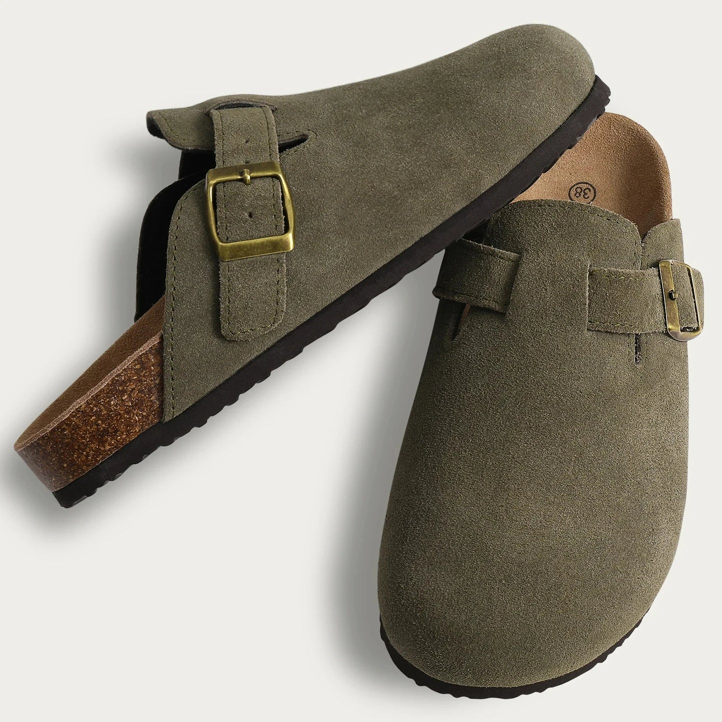 Crestar Women's Suede Clogs Lady Fashion Buckle Leather Mules Comfort Cork Footbed Potato Shoes with Arch Support Beach Sandal