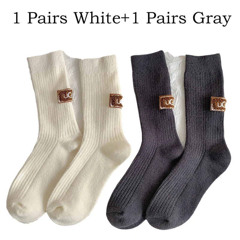 2 Pairs Cashmere Socks Winter Women Warm Wool Thickened Mid-Tube Trendy Heel Furry Label Letter Solid Color Snow Boot Socks New