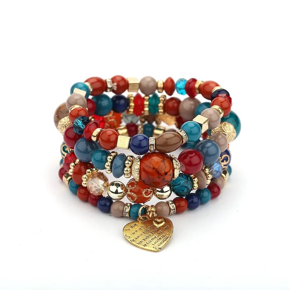 4Pcs Bohemia Acrylic Beaded Bracelet Set For Women Solid Heart Charm Elastic Chain Bangle Men Retro Daily Wear Jewelry Gift
