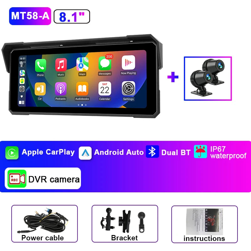 JMCQ Portable 8.1 inch Motorcycle 4K DVR GPS Navigation Wireless Carplay Android Auto Moto Recorder Monitor IPX7 Waterproof