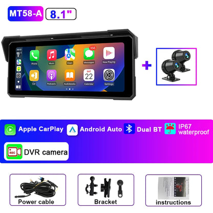 JMCQ Portable 8.1 inch Motorcycle 4K DVR GPS Navigation Wireless Carplay Android Auto Moto Recorder Monitor IPX7 Waterproof