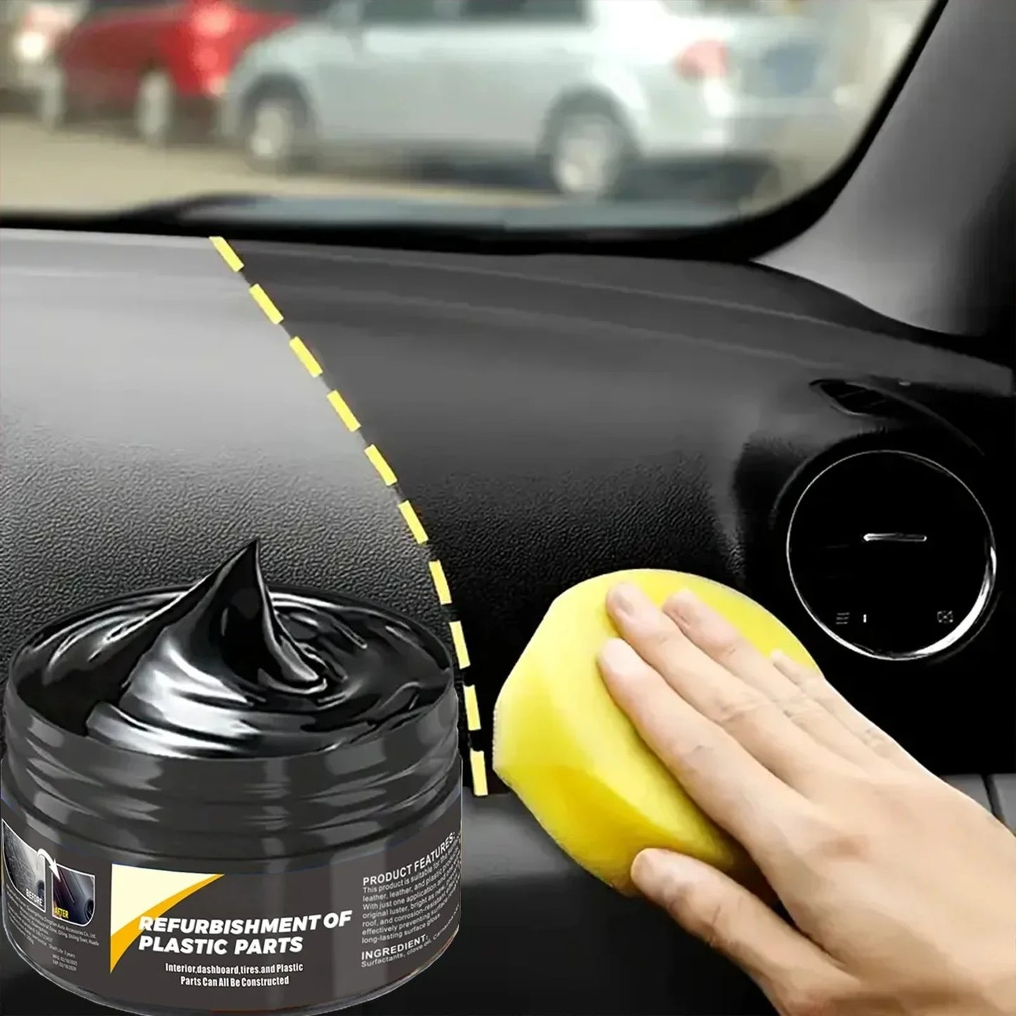 Car interior scratch repair paste, interior and exterior plastic polishing wax for leather, tires, steering wheel.