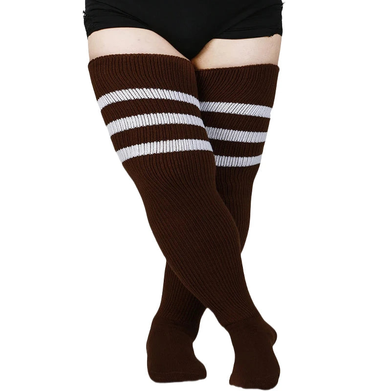 Women's Striped Plus Size Thick Thigh-High Socks Collection Big Girls Acrylic Yarn Stretch Colorful Streaks Leg Warmer Socks