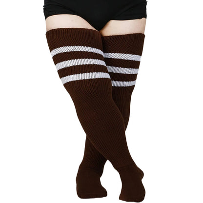 Women's Striped Plus Size Thick Thigh-High Socks Collection Big Girls Acrylic Yarn Stretch Colorful Streaks Leg Warmer Socks