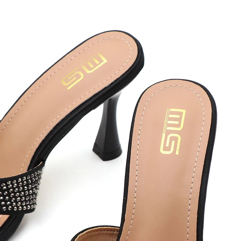Rhinestone Slippers For Woman 2025 New Elegant Party Shoes Summer Thin High Heeled Slides Fashion Women Sandals Zapatos Mujer