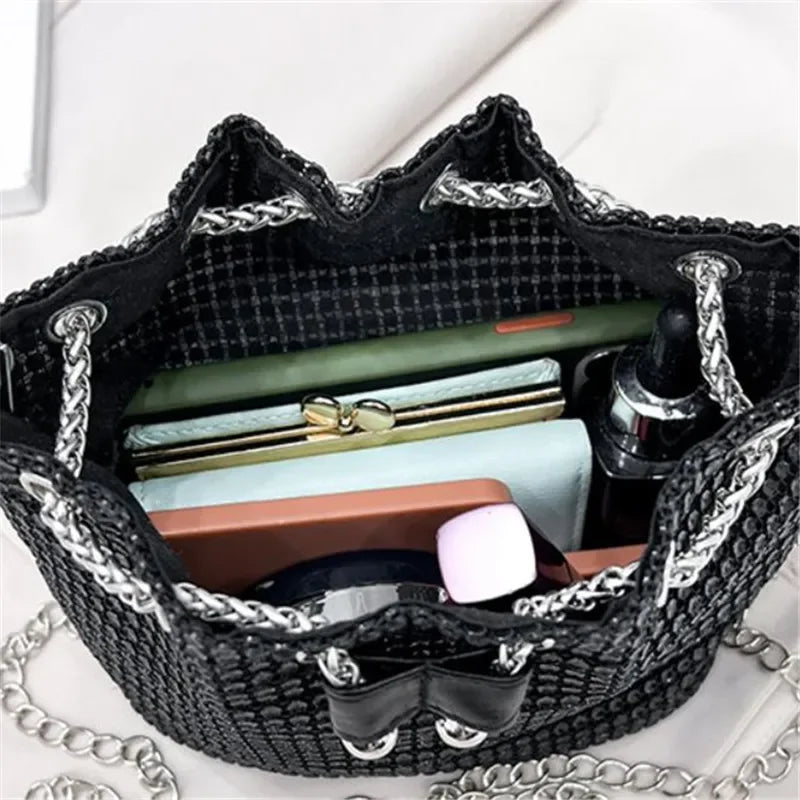 Sparkling Rhinestone Embellished Drawstring Crossbody Bag for Women Multi-Functional Bucket Purse with Detachable Chain Strap